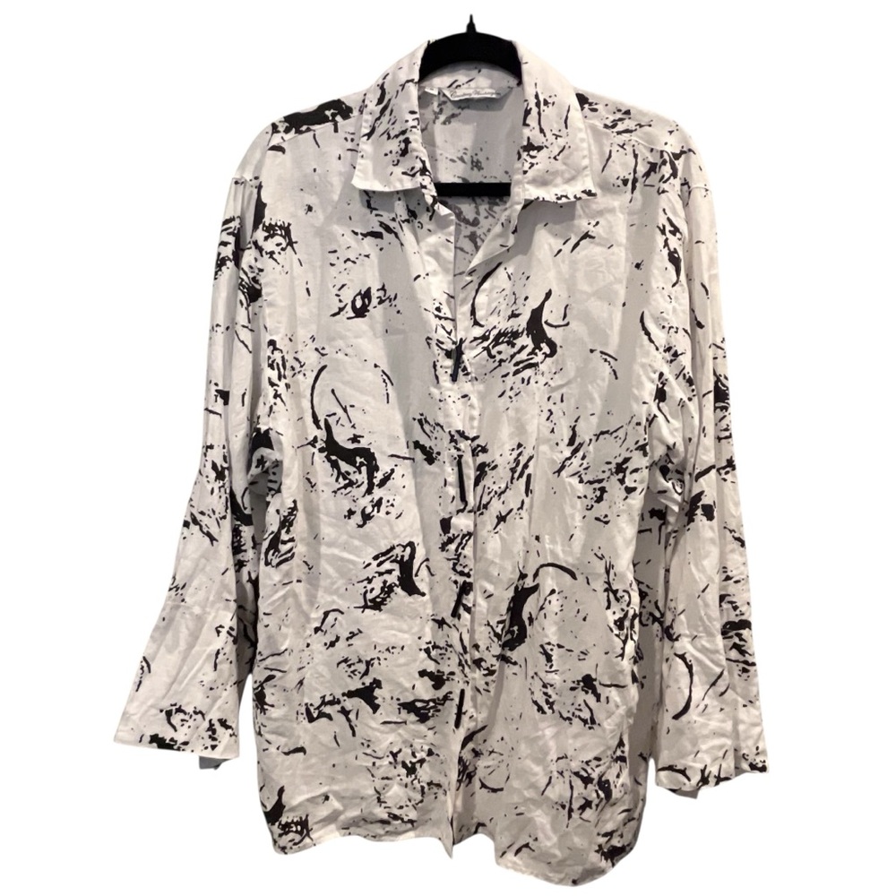 Courtney Washington Linen White Black Lagenlook Abstract Print Unique Buttons M